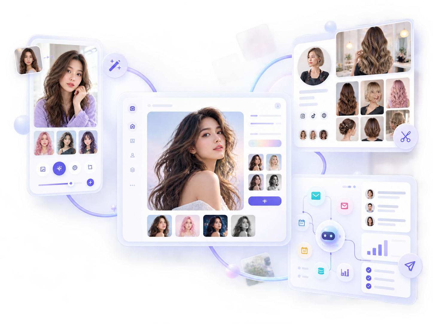 AITORI APP、AITORI Hairstylist 和 AITORI Agents 三个产品的视觉示意